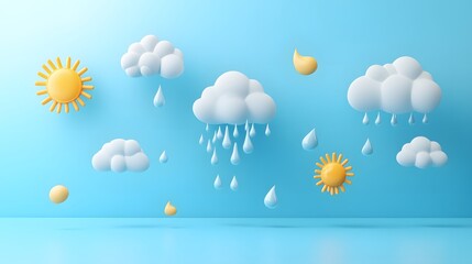 Poster - A screen with weather icons like sun, cloud, and raindrops emerging in 3D, creating a weather forecast vibe on a light blue background, 4k resolution, no background, no shadow, no text