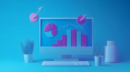 Wall Mural - A 3D-rendered office computer with bar chart, pie chart, and upward arrow icons popping out, representing business growth, on a blue background, 4k resolution, no background, no shadow, no text
