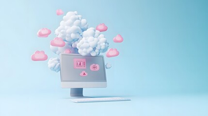 Poster - A 3D office computer with cloud storage icons like cloud, upload, and download symbols emerging from the screen, creating a tech-savvy theme on a light blue background, 4k resolution, no background,