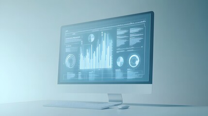 Poster - A computer screen with resource allocation icons like bar chart, pie slice, and time allocation emerging, symbolizing resource planning, on a light blue background, 4k resolution, no background, no