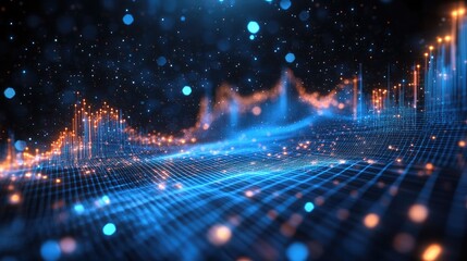 Wall Mural - abstract blue and orange glowing grid with particles, representing digital data or technology.