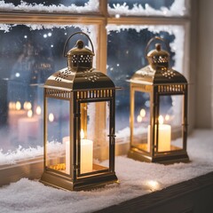 Wall Mural - candle lanterns in front of a window where it is snowing outside