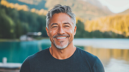 Wall Mural - Smiling man with gray hair by a lake.