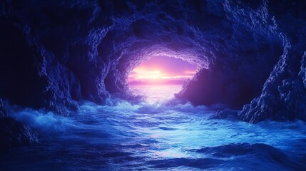A blue ocean with a sunset in the background