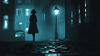 © Thiago - A woman in a hat and coat walks alone in a foggy city street at night. a streetlamp casts a dim glow on the cobblestone street and the womans silhouette. Noir. Illustration