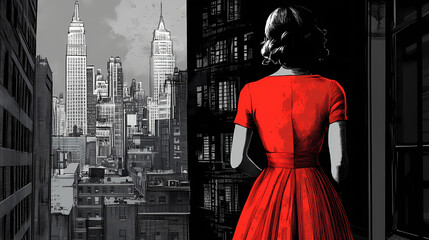 Canvas Print - Back view of woman in red dress looking at new york city in noir movie style. generative ai. Noir. Illustration