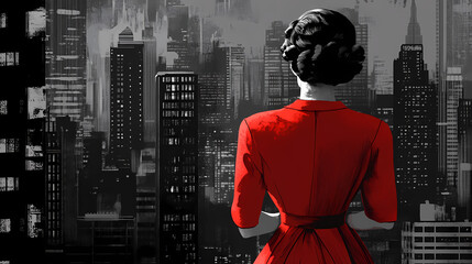 Canvas Print - Back view of woman in red dress looking at new york city in noir movie style. generative ai. Noir. Illustration