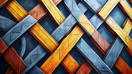 Abstract geometric pattern with intersecting wooden strips in blue, orange, and brown.