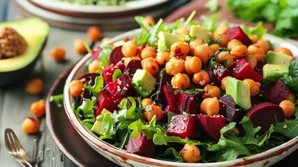 Wall Mural - Fresh and colorful vegan salad with chickpeas, beetroot, and avocado seasoned with oil and spices. Perfect for a healthy lunch or light dinner