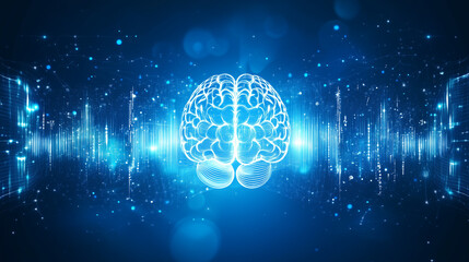 A white outline of a human brain is in the center of a blue abstract background with digital lines.