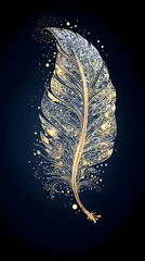 Wall Mural - A single golden feather with a textured design, with small gold dots on a blue background.