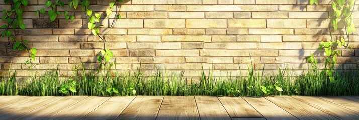 Poster - A serene wooden floor against a brick wall with green vines and grass.