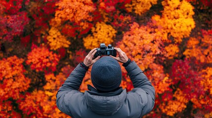 Wall Mural - A photographer captures the vibrant autumn foliage with his camera.