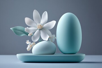 Aufkleber - Clean, simple design of a flower and egg arrangement, with soft pastel colors on a plain background