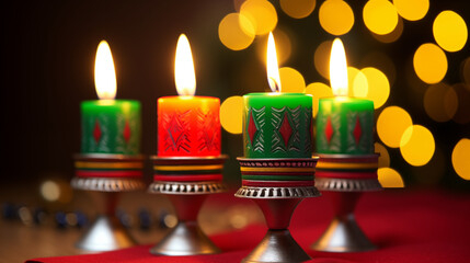Wall Mural - a closeup of patterned kwanzaa candles on a woven mat black history month