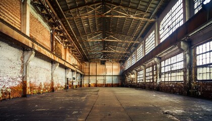 Wall Mural - Nave industrial abandonada: Un interior grunge de una fábrica oscura y vacía con paredes de ladrillo blanco sucio, metal vintage y acero oxidado, creando un espacio grande y espeluznante.