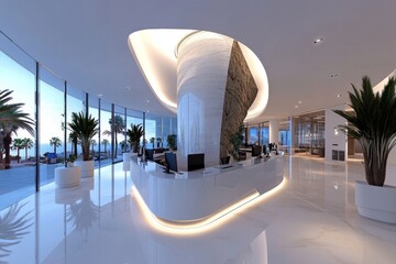 Aufkleber - Modern office interior design with sleek desks, minimal decor, and natural light filtering in