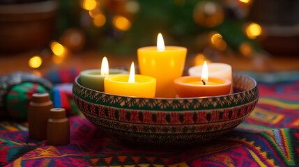 Wall Mural - a closeup of patterned kwanzaa candles on a woven mat black history month