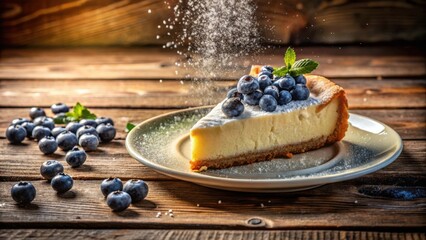 Wall Mural - A single slice of blueberry cheesecake, dusted with powdered sugar and resting on a plate, with scattered blueberries around it