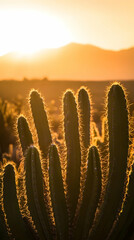 Canvas Print - Silhouettes of cactus plants at sunset, with mountains in the background.