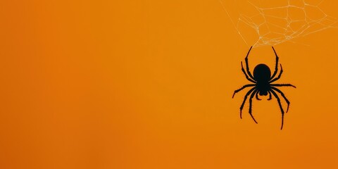 Spider silhouette against orange background, web details visible
