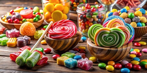 Poster - A Festive Display of Colorful Candies and Lollipops in Wooden Bowls on a Rustic Table