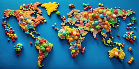 Poster - A world map created with colorful candies, featuring continents shaped from sweet treats and small candies scattered around as islands.