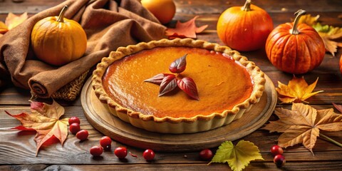 Poster - A golden brown pumpkin pie with a flaky crust, surrounded by autumn leaves and small red berries, sitting on a wooden table with a brown fabric nearby.