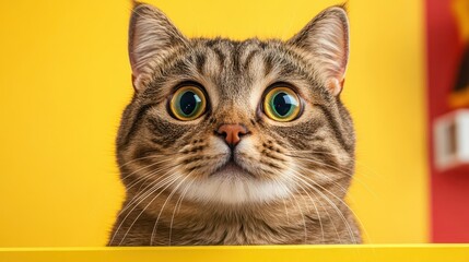  Adorable cat with a comically surprised expression, wrinkled forehead and wide eyes, on a yellow background, lively and fun