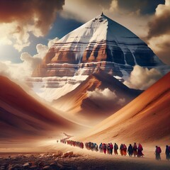 Wall Mural - Devotees on a sacred pilgrimage journey to Mount Kailash, considered a holy site in Hinduism and Buddhism.