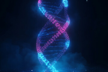 Innovation, science and genetics concept with bright digital DNA molecule neon style on abstract dark blue background with empty place for your logo. 3D rendering, mockup 