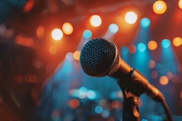 Wall Mural - Close-up of a microphone on stage with blurred colorful lights in the background