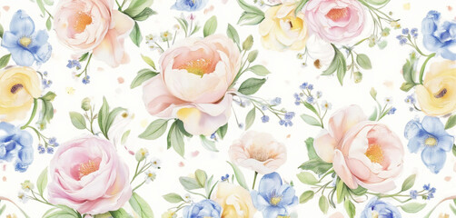  Watercolor floral pattern with soft roses and vibrant green leaves