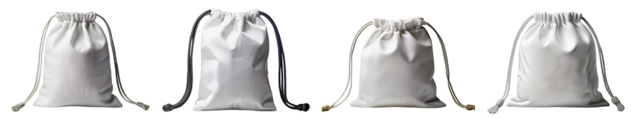 set of four empty white drawstring bags on a white background.