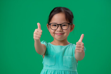 Wall Mural - asian girl with thumbs up on green studio background