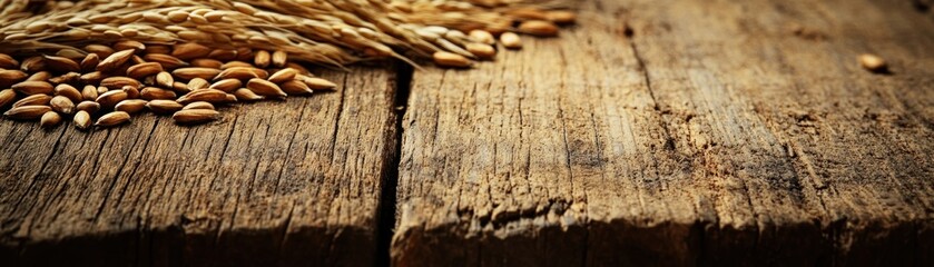 Canvas Print - A close-up of wheat grains on a rustic wooden surface, highlighting agricultural produce.