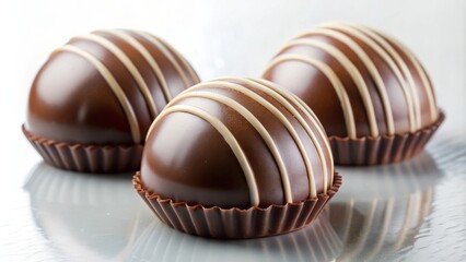 Poster - Three glossy chocolate truffles with white stripes, resting in brown paper cups, on a reflective surface.