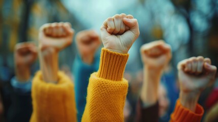 People of various ethnicities raising their fists in protest