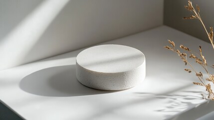 minimalist round soap bar with subtle texture on a plain white surface, emphasizing simplicity.