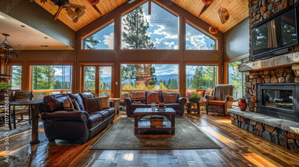 Modern house interior living room with fireplace and large windows ...