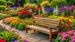 © Anatolii - A serene flower garden adorned with vibrant blooms and a rustic wooden bench in a tranquil setting