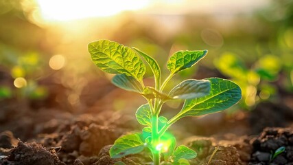 Wall Mural - Vibrant green plant emerging from rich soil in warm sunlight