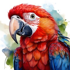 Wall Mural - Vibrant watercolor illustration of a scarlet macaw parrot showcasing its bold red, orange, and blue feathers with detailed attention to the beak and eyes. Isolated on transparent background