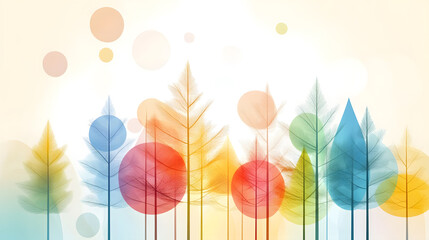 Wall Mural - Lively 2D vector forest background with colorful trees and circles