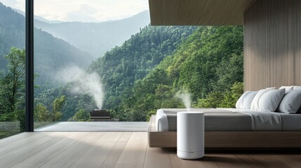 Wall Mural - Modern bedroom with mountain view, air humidifier on wooden floor, serene nature surrounding, peaceful atmosphere, relaxing interior design, soft natural light streaming in