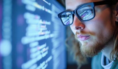 portrait of a programmer with glasses near the screen with the program code