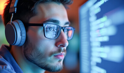 portrait of a programmer with glasses near the screen with the program code