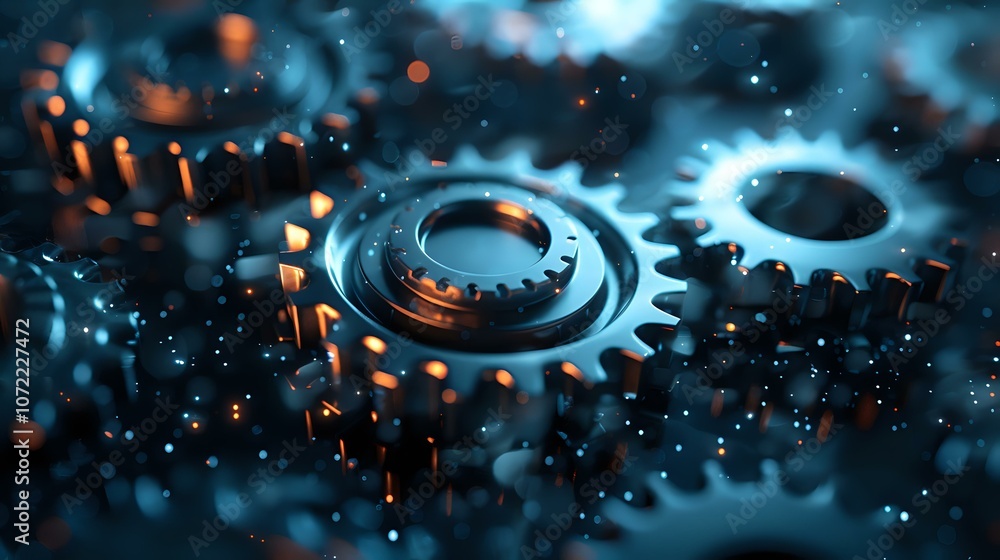 Automaton Cogs Conceptual metallic gears and cogs with depth of field effect against ...
