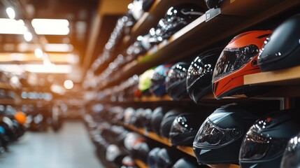 Modern Motorcycle Display in Store with Helmet Shelves in Background