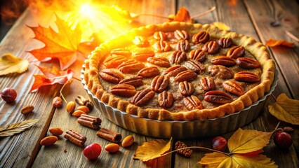 Poster - A pecan pie with a golden crust surrounded by fall leaves on a wooden table